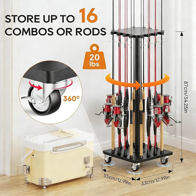 Fishing Rod Holders for Garage 360° Rotating Fishing Pole Rack, Floor Stand Holds up to 16 Poles Fishing Gear Equipment Storage Organizer, Fishing Gifts for Men Women, Black