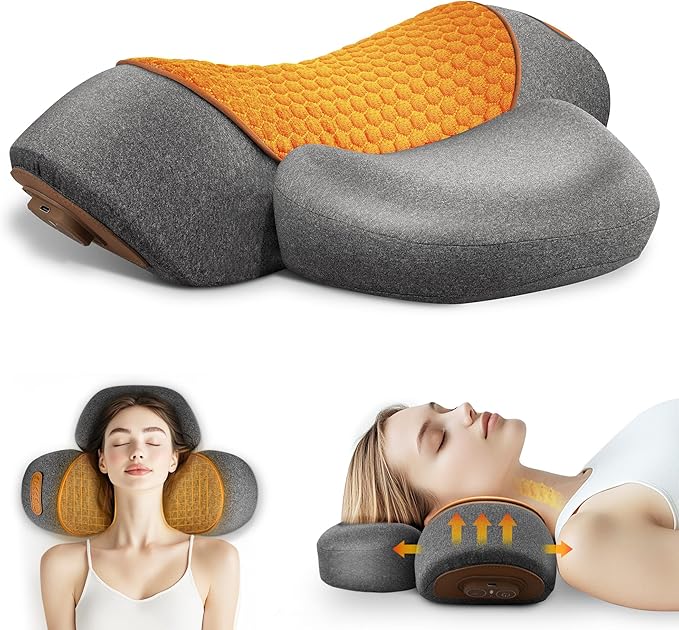 3-in-1 Neck Massage Pillow—with Heat, Massage, and Traction Stretching,Deep Tissue Massage Relieves Shoulder and Neck Muscle Pain and Stiffness,Suitable for Men and Women, Grey