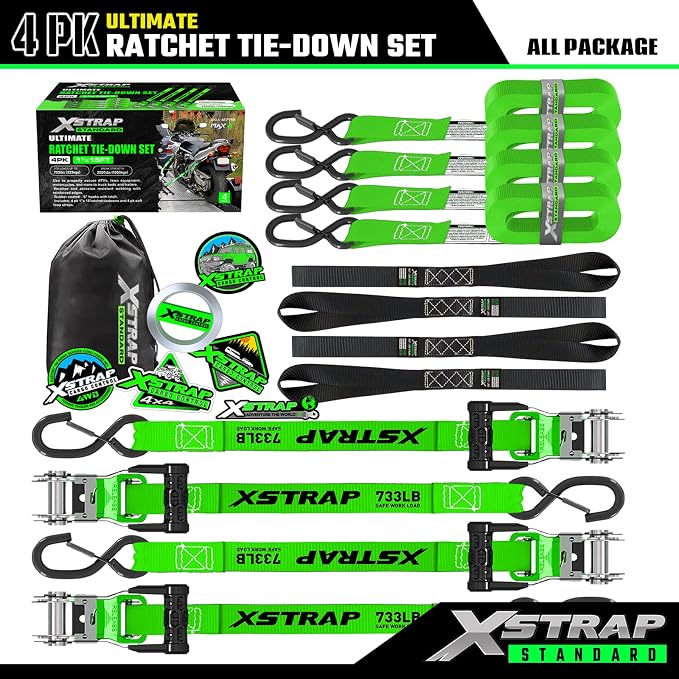 XSTRAP STANDARD 4PK Motorcycle Ratchet Straps, 1" x 15ft, 2,200 lbs Break Strength Tie Down Straps with Safety Lock S-Hooks, Soft Loop Straps and Stickers for Trucks, Cargo, Moving (Green)