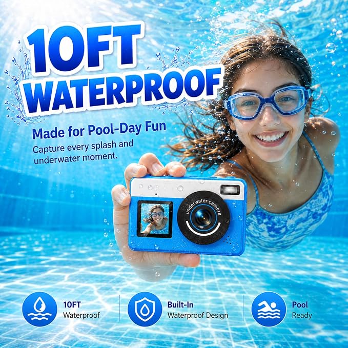 Maxmango D70 4K Underwater Digital Camera - 48MP 10FT Waterproof Camera for Snorkeling - Dual Screen Selfie Compact Floatable Camera with 16GB Card - Point and Shoot Digital Cam 1200mAh Battery -Blue
