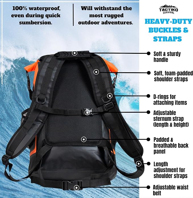 TACTIKO 35L Heavy-Duty 100% Waterproof Backpack, Roll Top Dry Bags for Kayaking, Hiking, Camping, Survival