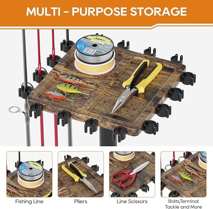 Fishing Rod Rack for 16 Poles - 360° Rotating Base, Easy to Install & Durable Wooden Pole Holders for Garage, Fishing Rod Equipment Organizer Storage Stand for Ground, Fishing Gifts for Men, Brown