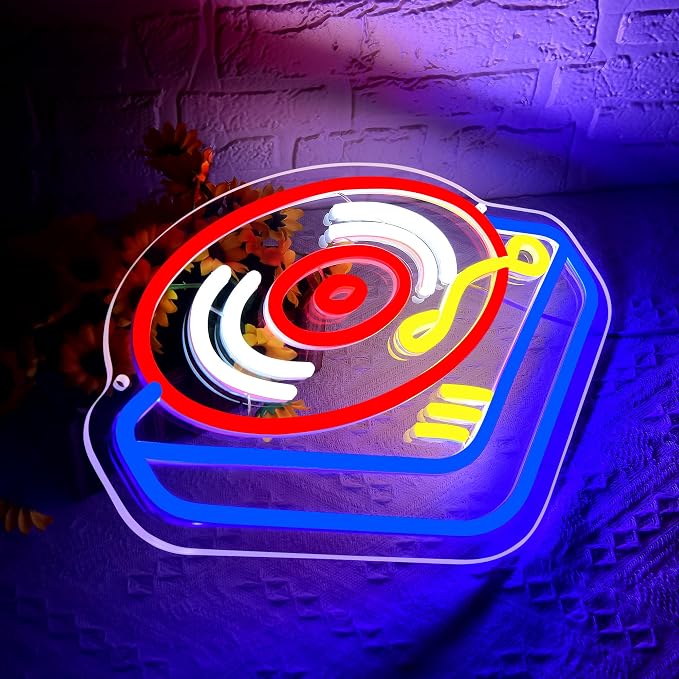 Record Player Neon Sign for Wall Decor Music Neon Light for Man Cave | Dimmable LED Neon,Musician Birthday Gifts,Led 5V USB Powered,Record Studio,Music Room Decor,Business Bar Pub Art,13.7*9.0in