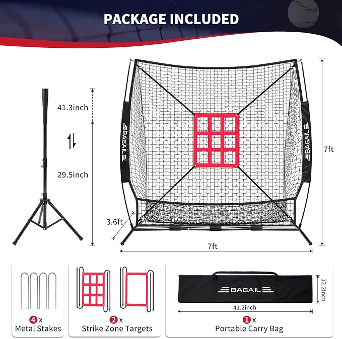 BAGAIL 7x7 ft Extra Large Baseball & Softball Training Net with Batting Tee, Heavy Duty Reinforced Steel Frame, Oversized Hitting Zone for All Levels, Portable Backstop with Carry Bag