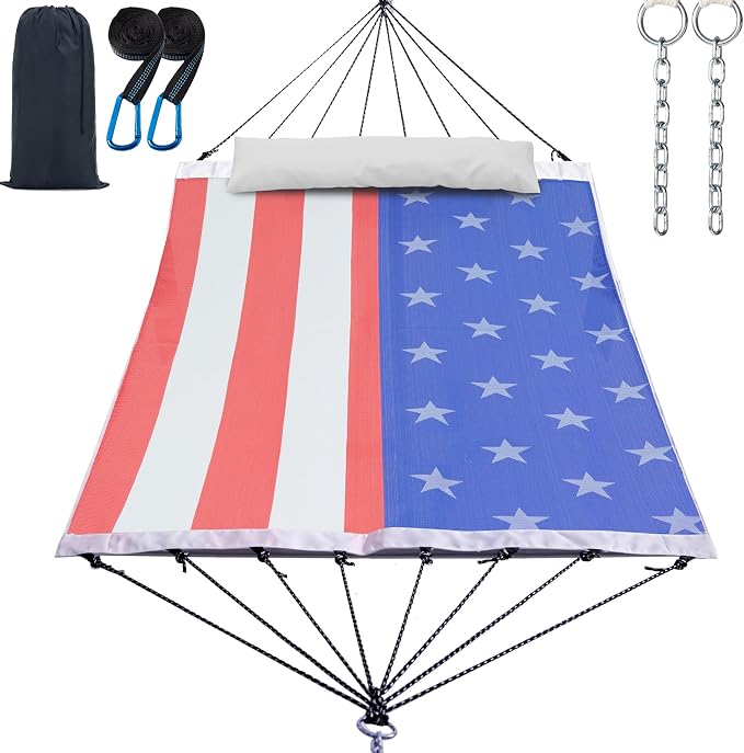 GAFETE 14ft 2 Person Hammock for Outside, Quick Dry Textilene, Portable Hammocks Without Stand with Folding Steel Spreader Bar, Carrying Bag, Tree Straps, Pillow & Sidebag, 550 lbs Capacity (Flag)
