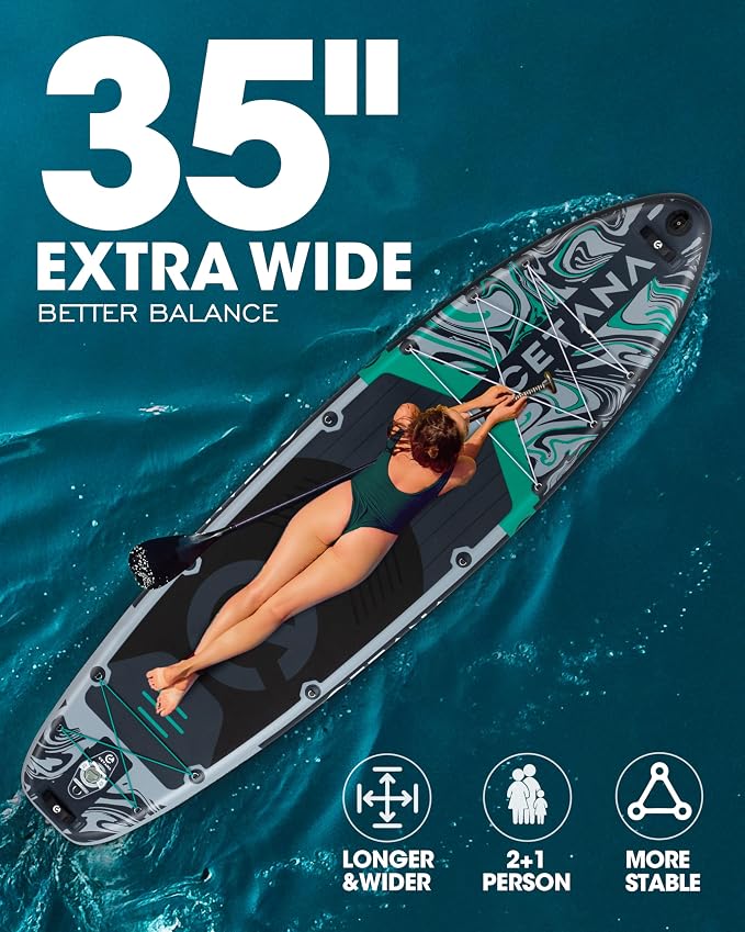 CETANA Extra Wide Inflatable Paddle Board 11'6 x 35" x 6", 450LB High Weight Capacity Wide Stable Stand Up Paddle Board for Beginners, 2–3 Person Large Paddleboard with 3 Fins, Dual Bungee, 15 D Rings