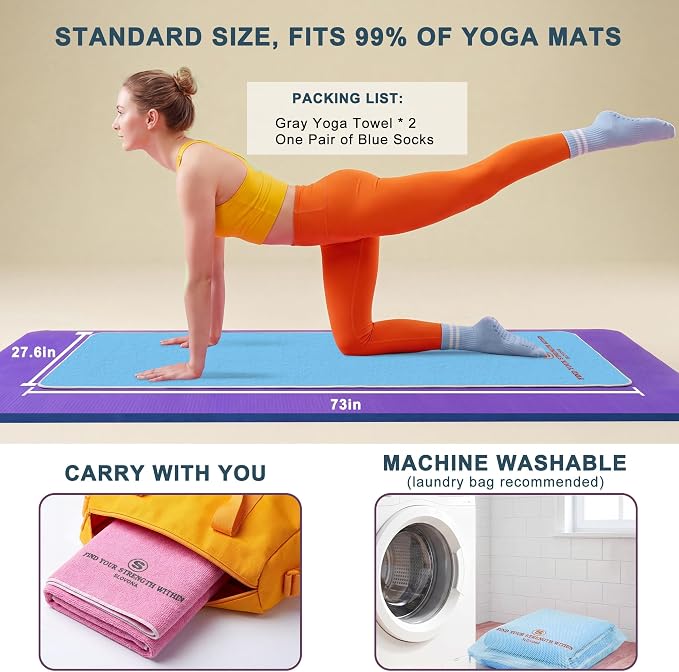 2 Pack Yoga Mat Towels with Bonus Grip Socks, Sky Blue + Rose Pink | Elegant Embroidered, 1-Second Sweat Absorption & Non-Slip | Machine Washable Microfiber | Hot Yoga, Pilates | 73''*27.6''