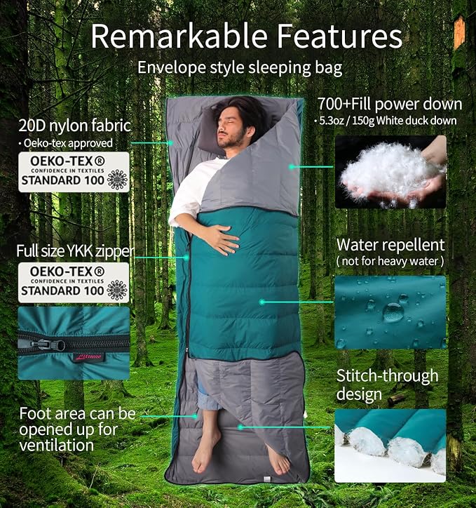 Litume Ultra Compact Down Sleeping Bag - 3 Season, Lightweight, 700 Fill Power, Packable for Adults, Double, Backpacking, Camping, Hiking, Family - With Stuff Sack