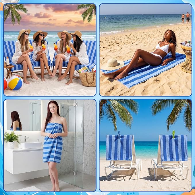 Gilprop 4 Packs Oversized Stripe Beach Towels XL L Microfiber Clearance Pool Towels with Bags Clips Soft Absorbent Quick Dry Camping Swim Towel for Adult Women Men Travel Family (60×30 in,Blue)