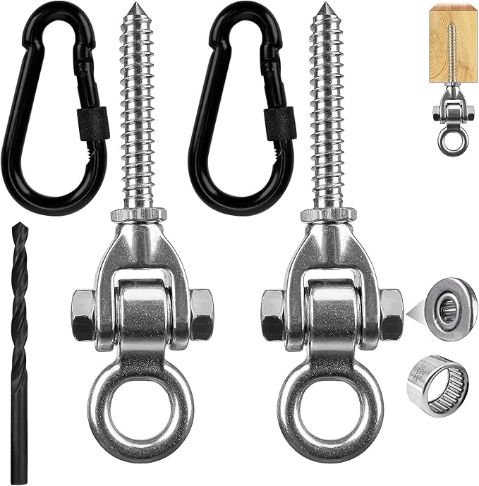 2-Pack Heavy Duty Swing Hangers with Bearings- 304 Stainless Steel Swing Hooks Set Brackets with 2 Oval Hooks,1500LB Capacity for Porch Swings, Hanging Chairs, Punching Bags, Gym Equipment
