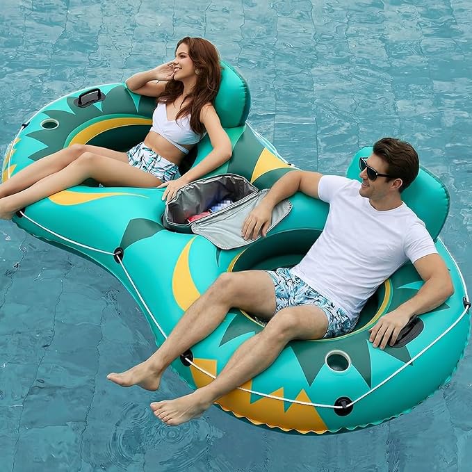 Jasonwell Inflatable River Tube Float - 2 Person Heavy Duty River Float Pool Floats with Removable Cooler Lake Water Tubes for Floating River Raft Lounge Floatie with 2 Cup Holders for Adults (Green)
