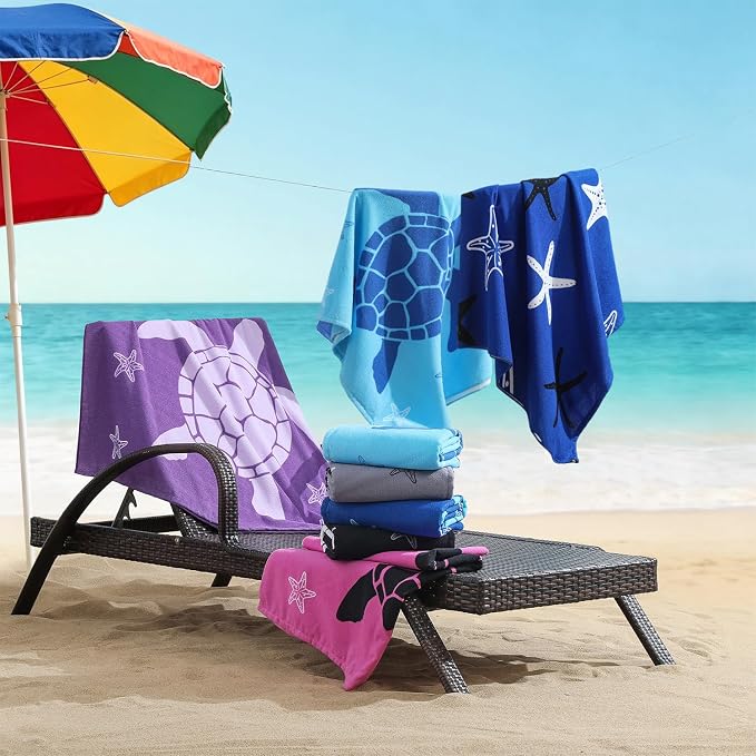 Belista Oversized Beach Towels 4 Pack,40”x70” Microfiber Thin Large Beach Towel Set for Adults Travel Camping Swimming,Turtle Starfish Them Sand Free Quick Dry Lightweight XL Pool Towels -Navy & Blue