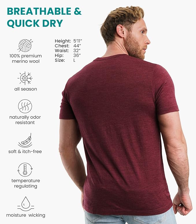 Merino Wool T-Shirt Mens - Merino Wool Undershirt Thermal Shirt for Men and Hiking Socks