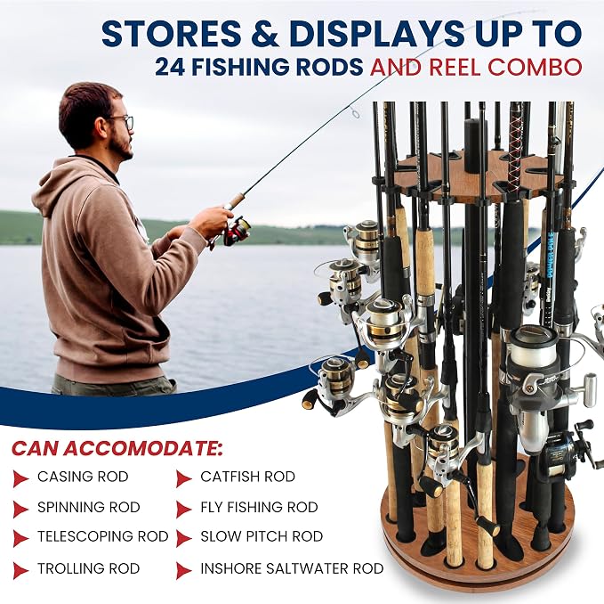 Rush Creek Creations Fishing Rod Holder - 360 Spinning Rack for Garage Organization and Storage, Pole Holder for Reels, Gear, Accessories, Tackle Box