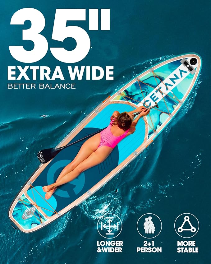 CETANA Extra Wide Inflatable Paddle Board 11'6 x 35" x 6", 450LB High Weight Capacity Wide Stable Stand Up Paddle Board for Beginners, 2–3 Person Large Paddleboard with 3 Fins, Dual Bungee, 15 D Rings
