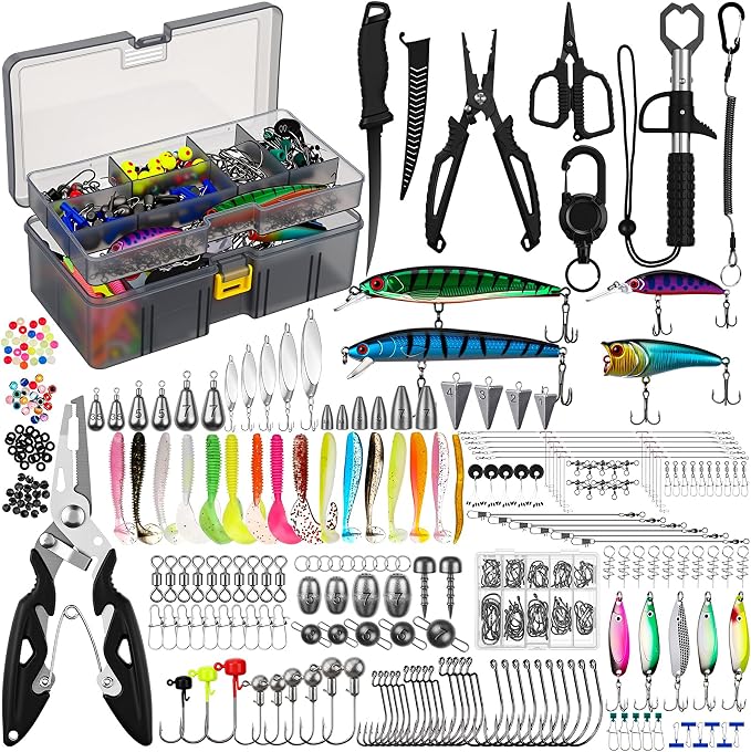Fishing Lures Kit with Tackle Box, Pliers, Fish Gripper, Saltwater Freshwater Gear Set for Bass Trout, Hooks Weights Bobbers Rigs Leaders