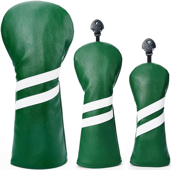 3PCS Vintage Golf Club Classic Green and Black Driver, Fairway Wood and Hybrid Head Covers Set PU Leather Headcovers with Interchangeable No. Tag
