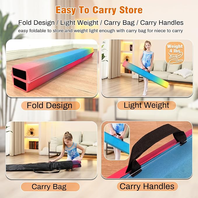 MARFULA 6 FT / 8 FT / 9 FT Folding Gymnastics Beam Foam Balance Floor Beam - Extra Firm - Suede Cover - Anti Slip Bottom with Carry Bag for Kids/Adults Home Use
