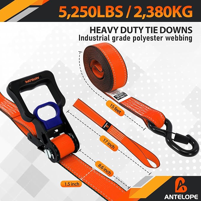 Ratchet Tie Down Straps Set, 5250 LBS Breaking Strength, 4 Pack 1.5" x 15' Heavy Duty Ratchet Straps, Cargo Strap, Motorcycle Straps for Trucks, Bicycle, Kayak, Moving, Tie Downs with S Hooks, Orange