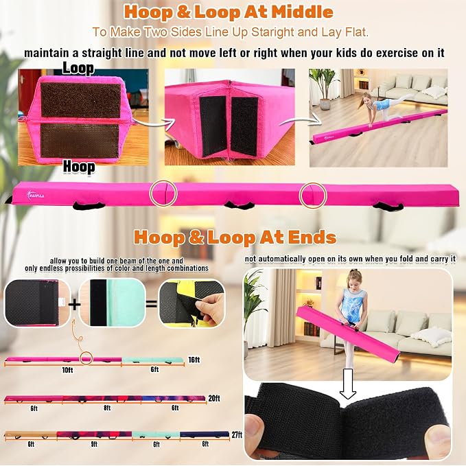 MARFULA 6 FT / 8 FT / 9 FT Folding Gymnastics Beam Foam Balance Floor Beam - Extra Firm - Suede Cover - Anti Slip Bottom with Carry Bag for Kids/Adults Home Use