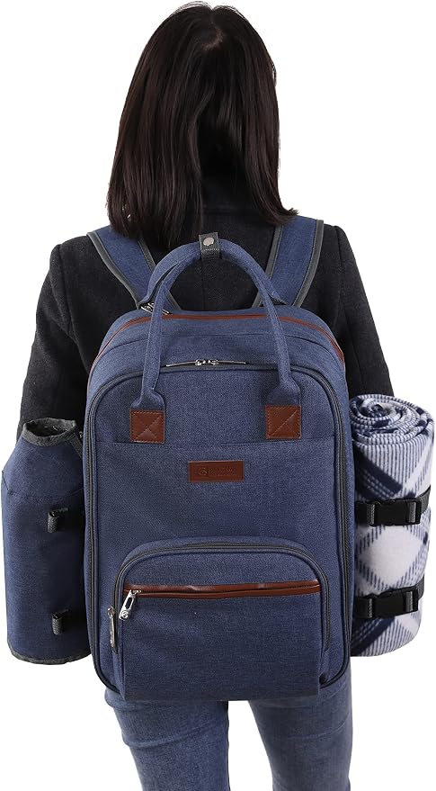 ALLCAMP OUTDOOR GEAR Picnic Backpack for 2 Person Set W/Detachable Bottle/Wine Holder, Fleece Blanket, Plates and Cutlery Set (Blue)