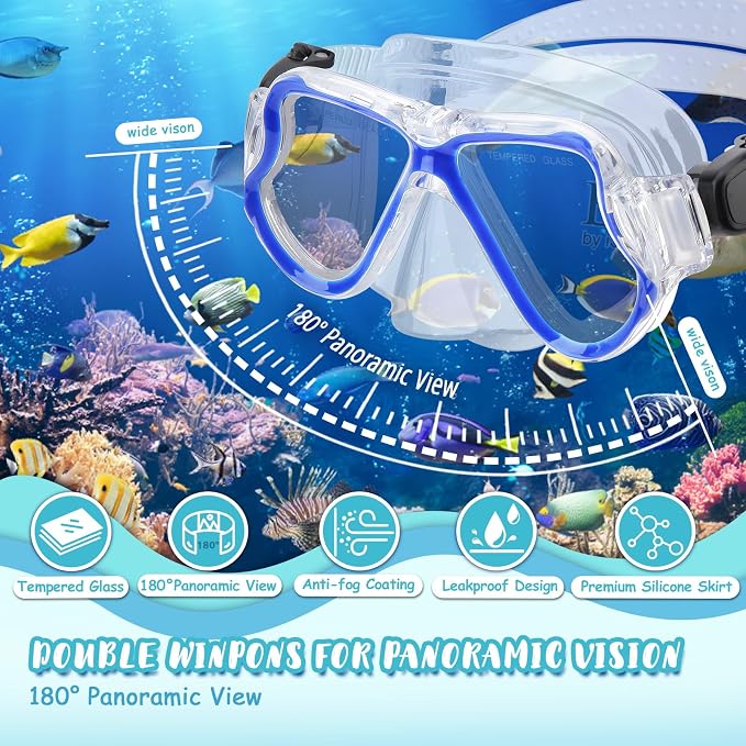 Snorkeling Gear for Kids, 4 in 1 Child Mask Fins Snorkel Set with Panoramic View Anti Fog Mask, Dry Top Snorkel, Trek Fins and Travel Bag, Kids Snorkeling Set with Fins for Snorkeling Swimming