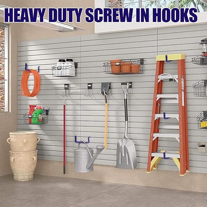 Garage Hooks Heavy Duty, 12-Pack Mixed Utility Garage Hooks, Wall Mounted Steel Tool Hangers for Garage Wall Organizer, Hold Ladders Tools Bikes (Blue, 6 Type & 12 Pack)