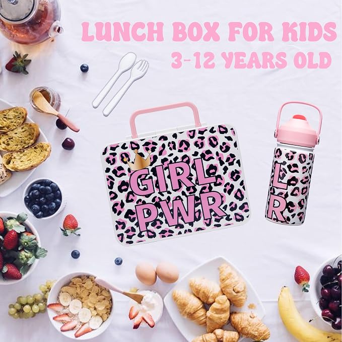 Kids Bento Lunch Box with 6 Compartments Girls Lunch Box with Lunch Bag,Leopard Print Stainless Steel Water Bottle,Ice Pack & Utensils Set,Birthday Gifts for Ages 3-12 Back to School Toddler Girls