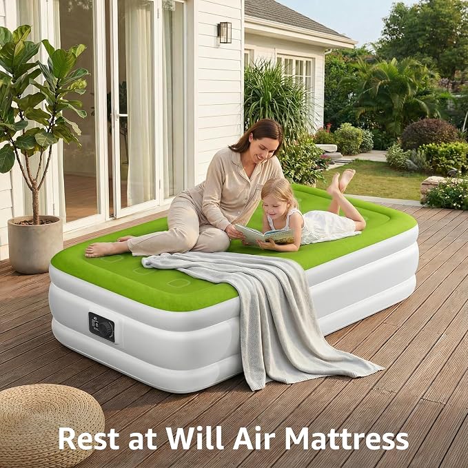 YENING Twin Size Air Mattress with Built in Pump Raised Single Inflatable Bed Blow up Mattressith Camping Airbed 18 Inch Tall