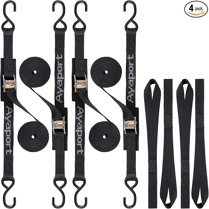 Ayaport Cam Buckle Tie Down Straps 10 feet 2200lbs Break Strength Securing Straps with S Hooks for Motorcycle, Kayak, Car, Truck, Dirt Bike, Pack of 4