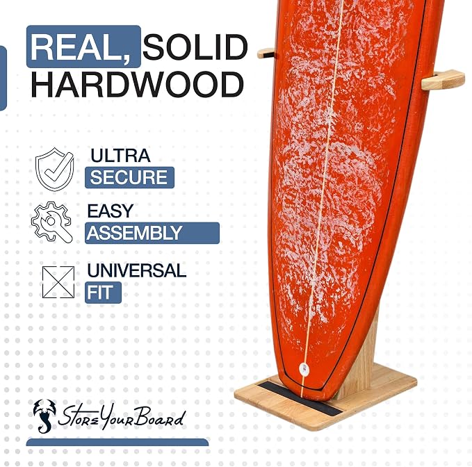 StoreYourBoard SurfStand, Vertical Surfboard Stand, Freestanding Wooden Indoor Display for Shortboard and Longboard, Adjustable to Fit Boards 16" to 26" Wide
