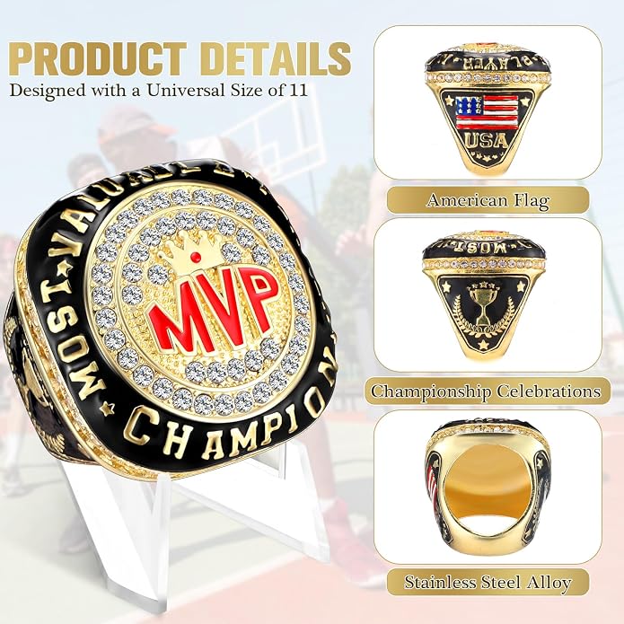 Misdary Soccer Baseball Basketball Championship Rings with Holder Most Valuable Player Trophy Gold Ring Award Gift Team Prize for Football Tournament Winner