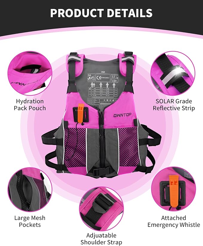 Owntop Swim Jacket Adult Youth | Hydration Pack | Dual Mesh Pockets | Attached Whistle | Ultra-Thin for Freer Movement | Kayak, Boating, Fishing, All Watersports