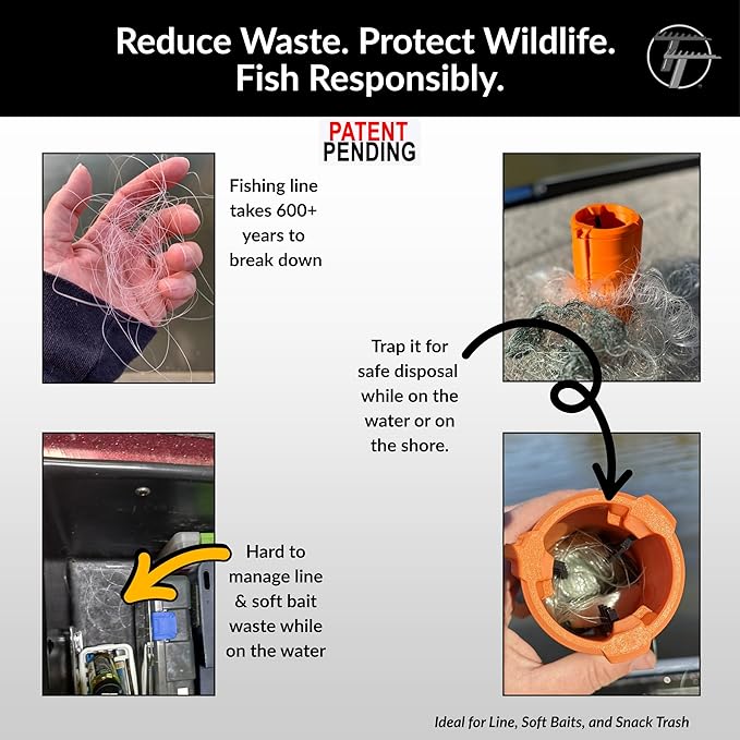 Fishing Line Trap | Line Stripper & Disposal Tool | Patent-Pending System to Save You Time and Protect Environment | Re-usable | Cup Holder Size for Boats, Kayaks & Bank Fishing | <=20lb Mono line