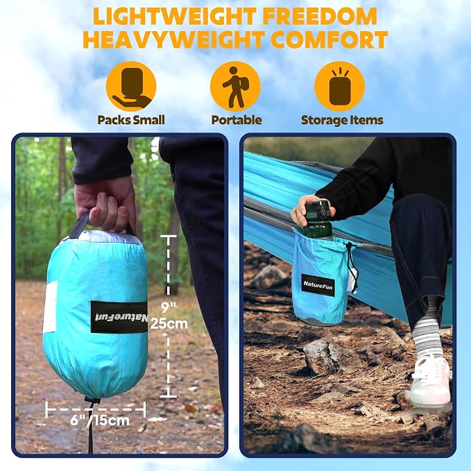 NATUREFUN Ultra-Light Travel Camping Hammock | 300kg Load Capacity,Breathable,Quick-Drying | 2 x Premium Carabiners,2 x Nylon Slings Included | Outdoor Indoor Garden