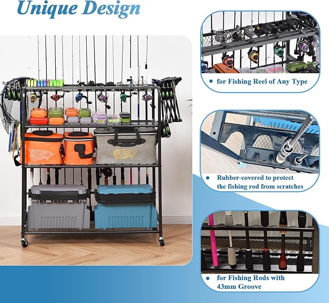 Fishing Rod Holder for Garage, Fishing Pole Holders for 15 Rods 38 * 17", Fishing Rod Rack Basement, Fishing Pole Rack Metal Black with Big Wheels, 4-Tier