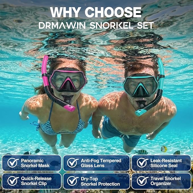 DRMAWIN Snorkeling Gear for Adults & Kids, Dry-Top Snorkel Set with 180° Tempered Glass Mask, Anti-Fog Anti-Leak, Travel Mesh Gear Bag