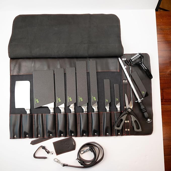 EVERPRIDE Black Leather with Gorgeous Red Trim, Professional Chef Knife Roll and Bag for Knives. Premium Leather Bag, Sturdy Construction, Luxury Collection.