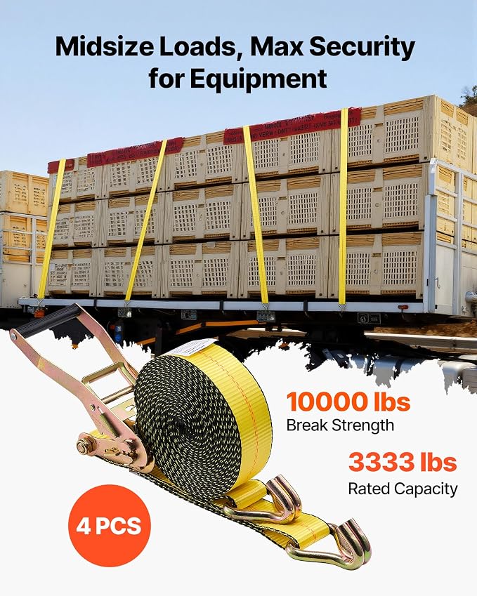 VEVOR Ratchet Straps, 2 in x 30 ft, Heavy Duty Tie Down Straps with Double J Hook, 10,000 lbs Break Strength, Carry Bag, Tie Down Ratcheting for Moving, Trailers, Motorcycles, Kayaks, Car Roof, 4 Pack