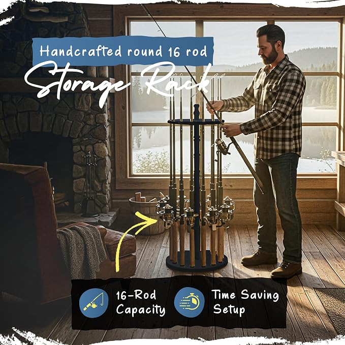 Rush Creek Creations | Fishing Rod Holder for 16 Rods, Fishing Pole Holder for Garage Organization and Storage, for Fishing Reels, Fishing Gear, Fishing Accessories, Tackle Box (360° Access))