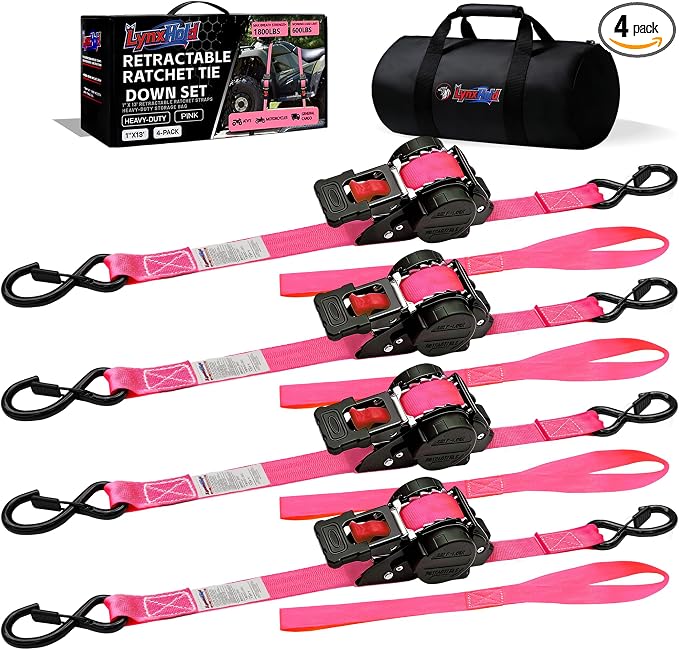 Retractable Ratchet Straps1In x 13Ft - Heavy Duty Auto Slow Retraction Tie Down Straps - 1,800lb Break Strength Self Retracting for Truck, Cargo Trailer, Motorcycle, ATV, UTV - Pink, 4Pack