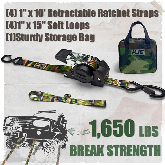 KJE Camo Retractable Ratchet Straps, (4) 1" x 10' Tie Down Strap + (4) Soft Loop -Heavy Duty 1,650lb Max Break Strength, S-Hook W/Clip, Self Retracting Ratchet Strap for Motorcycle, Kayak, ATVs, Boats