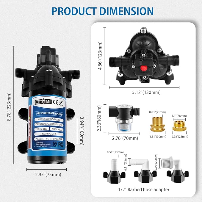 WASSERMANN Water Pressure Booster Pump 115 Volt AC 4.5GPM 55PSI,Water Pump Self Priming Diaphragm Pump with Pressure Switch for Kitchen Bathroom Marine Yacht Garden
