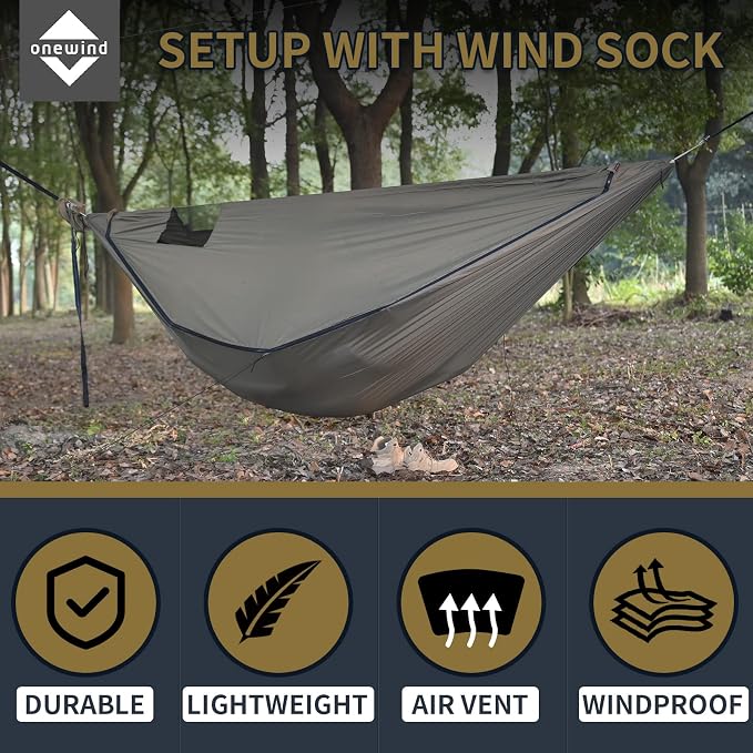 Onewind Airstream Camping Hammock with Mosquito Net and Windsock, Portable Hammock with Tree Straps and Bugnet for Winter Camping, Hiking, Backpacking, OD Green