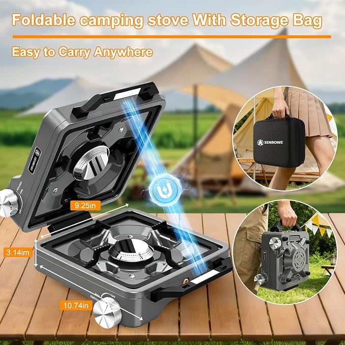 2-Burner Pro Camping Stove,24000 BTU Camp Stove,Foldable Propane Stove Includes Carry Bag,Windscreen Griddle, Portable Stove,Camping Essentials,Suitable For Outdoor Cooking,Tailgating,Grilling (Gray)