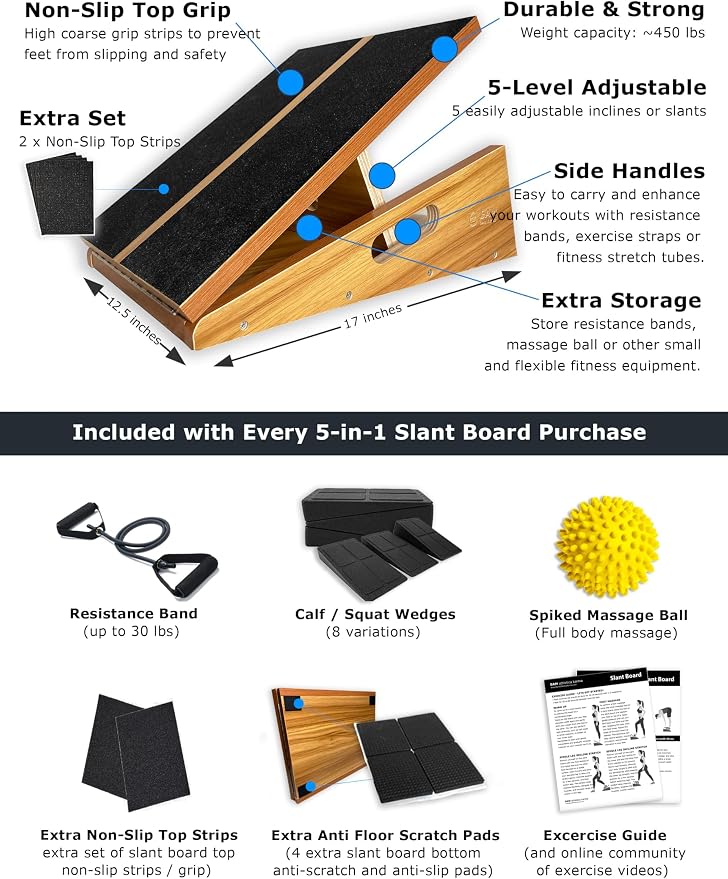 BAM Athletica's Physical Therapy Slant Board for Calf Stretching, Injury Recovery & Fitness | Adjustable Calf Stretcher Incline Board for Plantar Fasciitis Relief, Achilles Rehab, Squats & Exercise