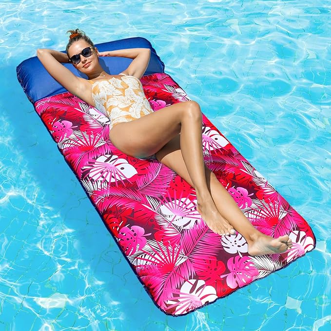FindUWill Oversized Pool Float Lounge, 72" X 37" Extra Large Fabric-Covered Pool Floats for Adults, Inflatable Contour Lounger with Headrest Ultra-Comfort Cooling Pool Raft (XL, Monstera)
