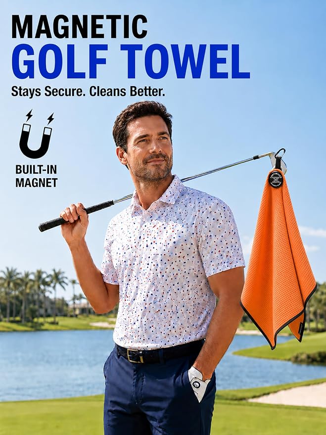 Magnetic Golf Towel with Cleaning Pocket, 24"x16" Ultra-Absorbent Waffle Microfiber Golf Towel with Magnet & Clip for Golf Bag, Carts and Clubs, Golf Accessories Gift for Men Women Golfers