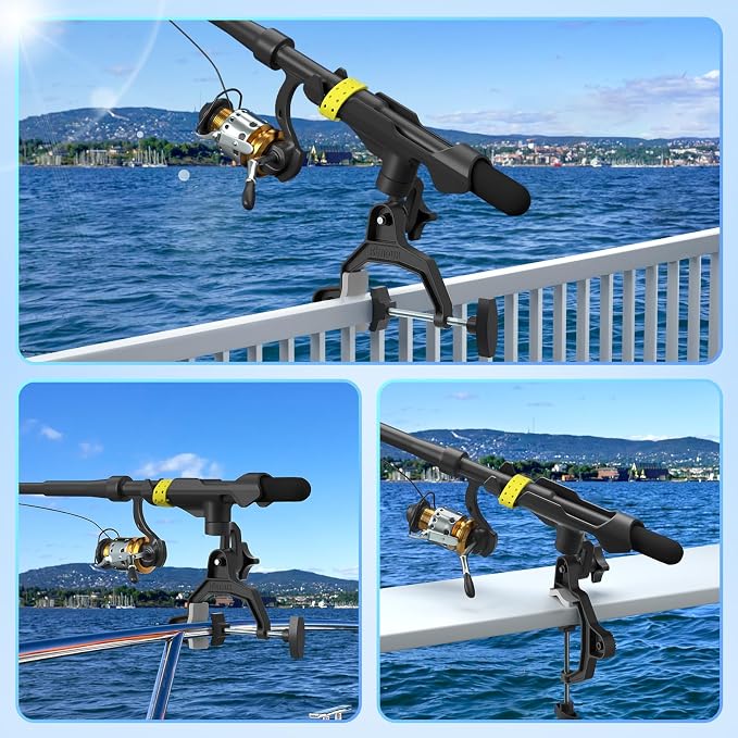Upgraded Fishing Rod Holder with Button-Lock 360° Dual Rotation,Universal Silicone Strap & Enlarged V-Clamp Fits Round/Square Tubes,Secure Adjustable Boat Fishing Gear for All Rod