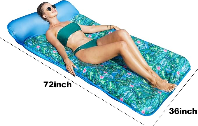 FindUWill Oversized Pool Float Lounge, 72" X 37" Extra Large Fabric-Covered Pool Floats for Adults, Inflatable Contour Lounger with Headrest Ultra-Comfort Cooling Pool Raft (XL, Monstera)